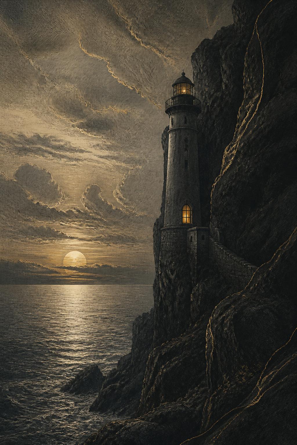 A lighthouse standing above a dark sea at sunset